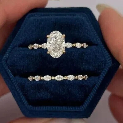 Oval Cut 3.50CT Lab Grown Diamond Bridal Engagement Ring Set In 14k Yellow Gold - Image 1 of 4