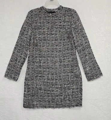 H&M Dress Sz 8  Tweed Textured Shift Fringed Hem Zip Back Long Sleeve Lined Gray - Image 1 of 4