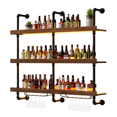 Weinregal Wand Mit LED-Leuchten, 3 Ebenen Wand-Weinregale mit Glashalter für Bar - Bild 1 von 4