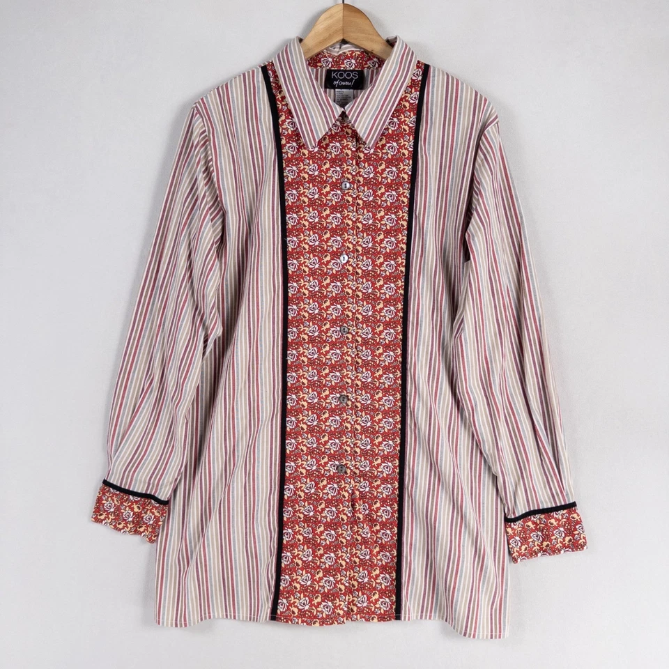 KOOS, конечно! Рубашка женская большая многоцветная в полоску с цветочным рисунком туника на пуговицах - Изображение 1 из 4