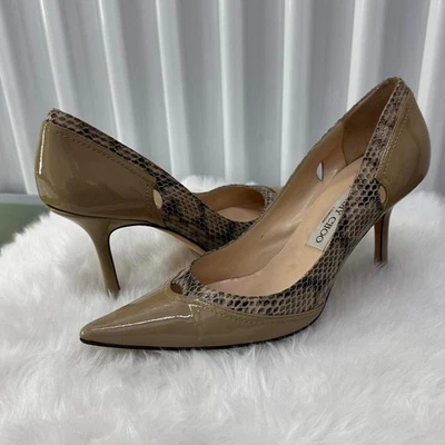 Jimmy Choo - Tacones de gatito de charol tostado y piel de serpiente - Tacones de lujo talla 40 Foto 1 de 4
