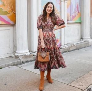 Anthropologie Conditions Apply Preppy Puff-Sleeve Geometric Midi Dress Sz 8 NEW - Picture 1 of 15