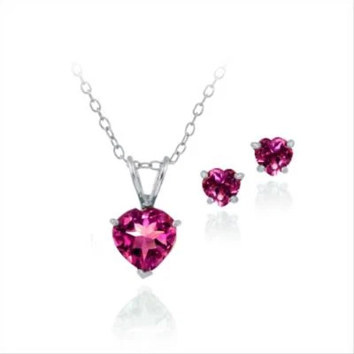 925 Silver 2.55ct Lab Created Ruby Heart Solitaire Pendant & Stud Earrings Set - Image 1 of 4