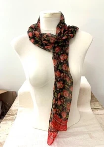 Vintage CEJON Sheer Crinkle Poly Black Red Green ROSES Rectangle Scarf 13"x60" - Picture 1 of 7