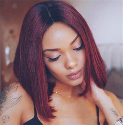 Burgundy Human Hair Bob Wigs Lace Front Wigs Ombre Red Straight Wigs 13x4 Lace - Image 1 of 4