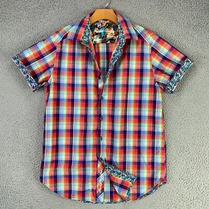 Robert Graham Shirt Mens Small Red Blue Plaid Floral Flip Trim Classic Fit Beach - Picture 1 of 16
