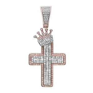 Baguette & Round Cut Diamond Crown Cross Pendant 14K Rose Gold 0.88Cttw - Picture 1 of 5