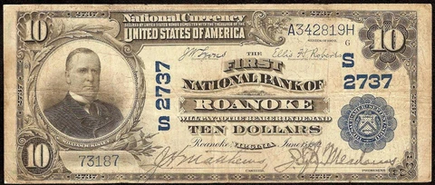 LARGE 1902 $10 BILL ROANOKE VIRGINIA NATIONAL BANK NOTE CURRENCY BIG PAPER MONEY Cover