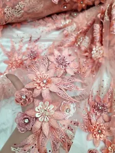 Fabric By The Yard Coral 3d Floral Embroidery Rhinestones Beaded 3d Lace Prom - Picture 1 of 12