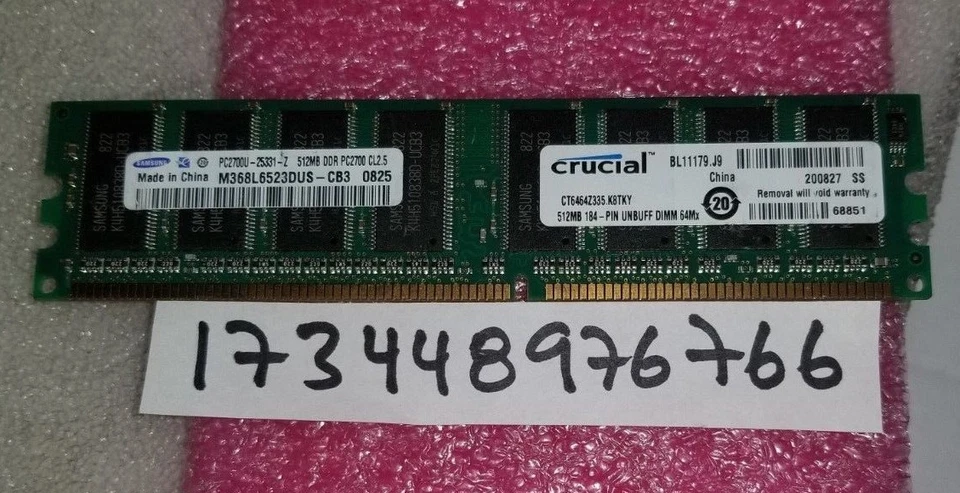 512MB DDR1 PC2700 CL2.5 2700 333 SINGLE RANK 184PIN NON-ECC UNBUFFERED 1RX8 64X8 - Image 1 of 1