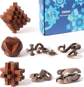 7 Pieces Unlock Interlock Brain Teaser Games Retro Wooden and Metal Puzzles IQ L - Picture 1 of 5