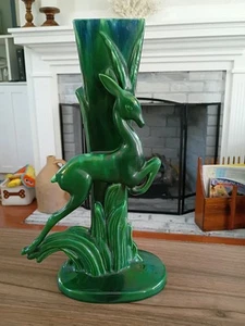 Vintage Mid Century Modern Royal Haeger Green Blue Oryx Vase Leaping Gazelle - Picture 1 of 17