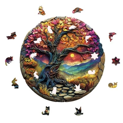 Tree Sunset Round Jigsaw Puzzle – Hidden Animal Pieces, Nature Art - Image 1 of 4