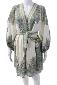 Zimmermann Womens Linen Button Front Paisley Print Waist Tie Dress White Size 0 - Picture 1 of 6