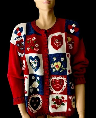 Reliquia Coleccionables Lg. Cárdigan Rojo Suéter Corazones Navidad COTTAGE CORE Y2K Foto 1 de 4