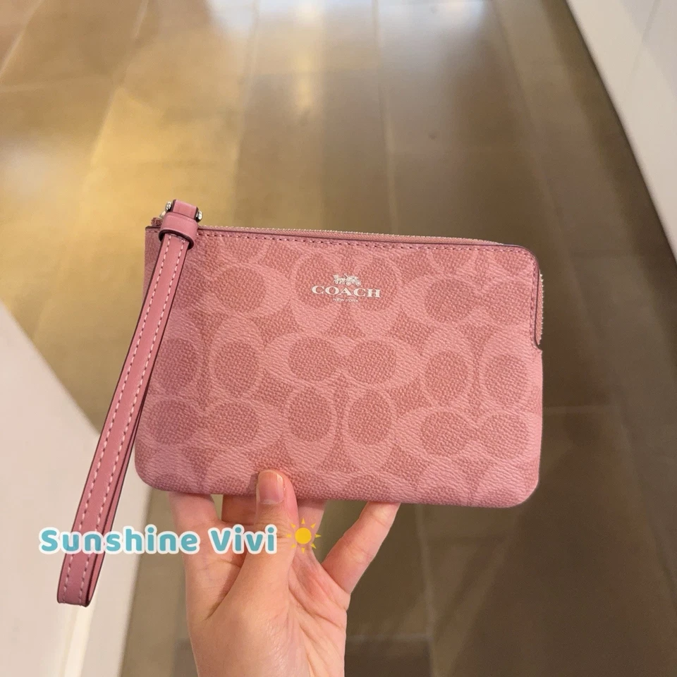 Coach Corner Zip Wristlet In Signature Canvas CAQ75 DUSTY PINK