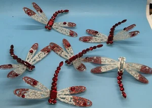 6 Dragonfly Clip On Ornament Red & White Glitter Wings 3.5” Christmas - Picture 1 of 6