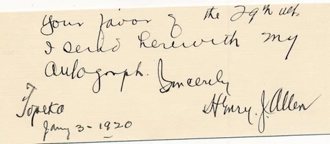 Henry Justin Allen- (Gov of Kansas) Clipped Signature Cover