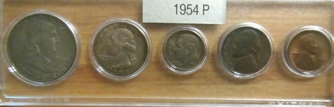 1954 P SILVER 50c 25c 10c US MINT SET 5 Coins In a Plastic NICE Whitman HOLDER 4 Cover