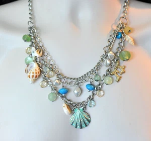 NWT Croft & Barrow 3 Strand Teal blue green beach charm Necklace chunky layered - Picture 1 of 11