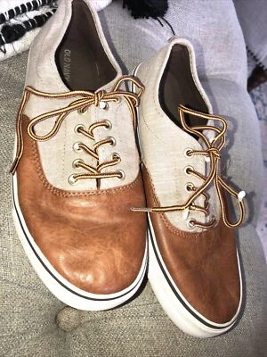 Sz 6 Youth Old Navy Boys Shoes Linen Leather VGUC Brown Lace Up Tennis Shoes - Image 1 of 4