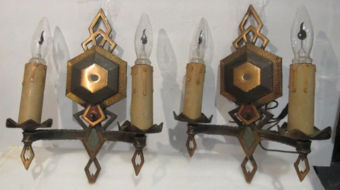 Vintage Art Deco Revival Edison Bulbs Copper Look 2 Candle Wall Sconces 13.5" Cover
