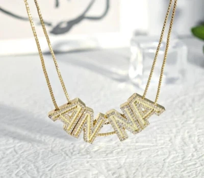 Collar de letras de circonita cúbica con nombre personalizado joyería de doble cadena Foto 1 de 4