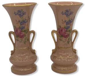 Urn Vases Pink Gold Accents Floral Porcelain Maiden Handles (pair) 8.5” Vtg MCM - Picture 1 of 9