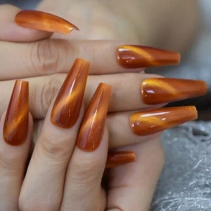 24 Autumn Orange Galaxy Cat Eye Gel Press On Nails Glossy Thick acrylic glue on - Picture 1 of 5