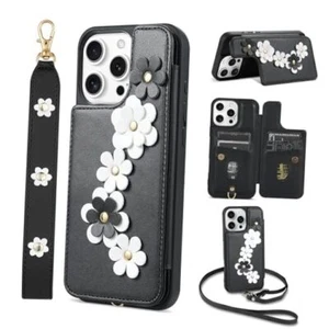 for Case, Wallet with Card Holder, Cute Flower Design iPhone 16 Pro Black - Picture 1 of 7