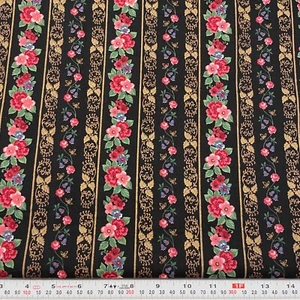 Vtg Joan Kessler Concord Striped Florals Black Cotton Fabric by the Half Yard - Picture 1 of 2
