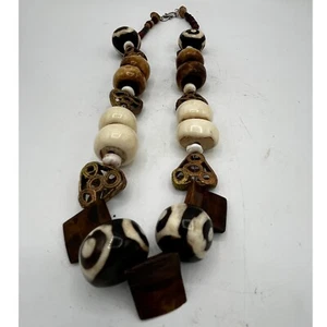 African Tribal Style Dzi Beads Wood Batik Bone Unique Statement Necklace Boho - Picture 1 of 7