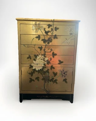 Vintage Painted Black Lacquer Asian Chinese Oriental Cabinet Table Gold Leaf - Image 1 of 4