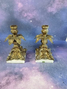 2 Vintage Kerzenständer 50er Jahre Hollywood Regency verziert Italien Marmor & Messing - Bild 1 von 5