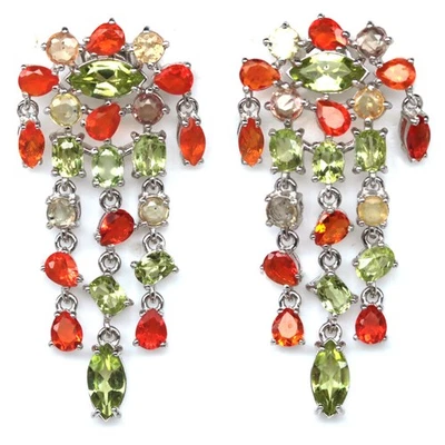 925 Sterling Silver 3 x 7 mm. Green Peridot, Fire Opal, Sapphire Earrings - Image 1 of 4