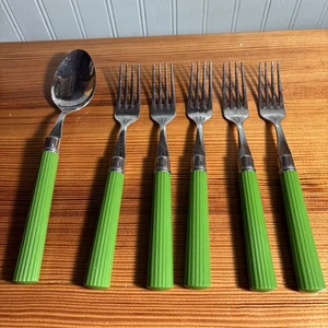 Oneida Monarch Green Plastic Handle Forks Lot Of 5 + 1 Serving Spoon - Picture 1 of 10