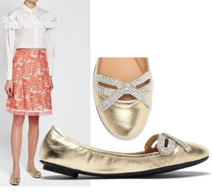 MARC JACOBS SHOES WILLA GOLD LEATHER BALLET FLATS CRYSTAL BOW $395 sz 8 38 - Picture 1 of 11