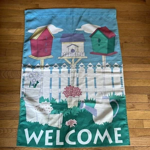 Welcome Spring Summer Outdoor Flag Decor Bird House Flowers Pastal 29"x41" - Picture 1 of 11