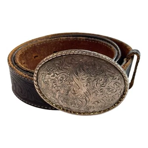 Vintage Western Tooled Leather Belt W/ Silver Tone Buckle Made In The USA 38" - Picture 1 of 8