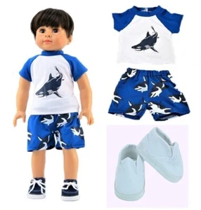 Boy Doll Clothes 18" Swim Trunks Blue Shark Shirt Rashguard Sneakers Fit AG Doll - Picture 1 of 4
