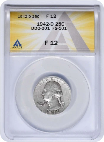 1942-D Washington Silver Quarter DDO FS-101 F12 ANACS Cover