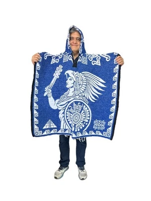 PONCHO MEXICANO CON CAPUCHA, AZTECA, TALLA ÚNICA, GUERRERO AZTECA, AZUL REAL Foto 1 de 3