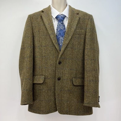 Harris Tweed Jacket Mens 38L Green Khaki Blazer Herringbone Hunting Shooting EWM - Image 1 of 4
