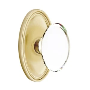 Emtek Hampton Crystal Door Knob Privacy Set Oval Rosette Satin Brass - Picture 1 of 1