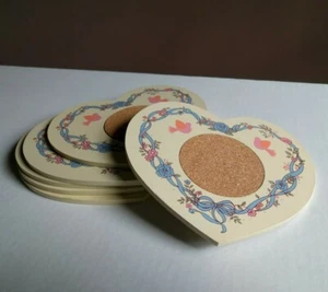 Set of 6 Vintage Hand Painted Coasters Heart Shaped Birds Cork 6 1/4" Kitschy - Picture 1 of 7
