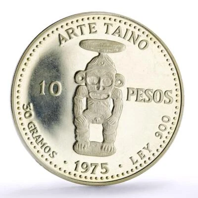 Dominican Republic 10 pesos Pueblo Viejo Mine Taino Sculpture Art Ag coin 1975 - Image 1 of 4