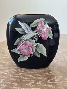 Otagiri Black Ceramic Vase Hummingbird Hibiscus Oval Shape 6.5” Vintage 1980s - Picture 1 of 13