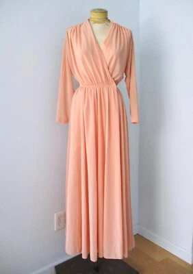 Vtg 70s Lillie Rubin Peach Chiffon Draped Grecian Evening Ball Gown Maxi Dress 8 - Image 1 of 4