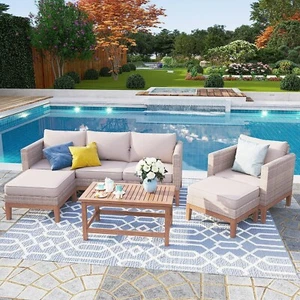 5 Piece Outdoor Rattan Furniture Set Conversation Set with Ottomans Heavy Duty - Picture 1 of 5