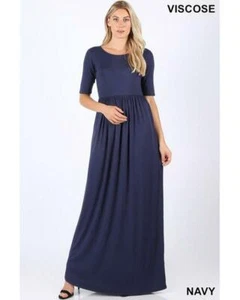Keeping It Chic Half Sleeve Round Neck Maxi Dress with Pockets in Navy - Picture 1 of 1